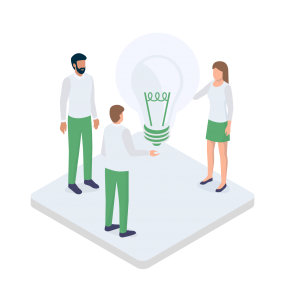 Illustration of three collleagues standing around a floating lightbulb discussing virtual assistant 